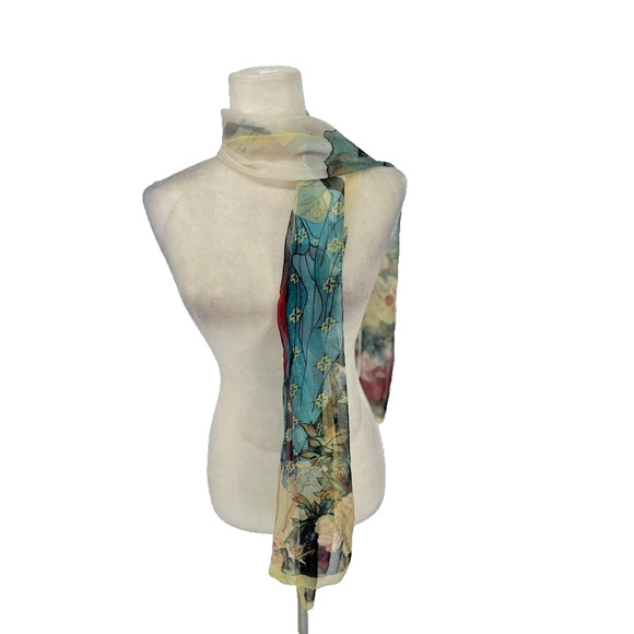 Silk Blend Scarf Asian Geisha Floral Print 66 x 19 Rectangle Art Wall Decor - Picture 5 of 10